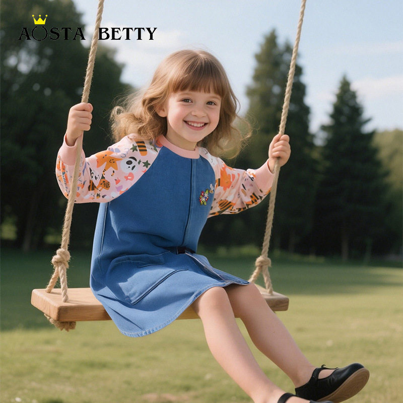 出口欧美风女童连衣裙26春秋新款儿童公主裙牛仔布中小童时尚裙子