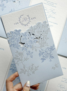 西式玫瑰婚礼请柬letterpress凸版定制请帖凹印浅蓝色喜帖邀请函