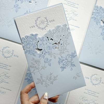 西式玫瑰婚礼请柬letterpress凸版定制请帖凹印浅蓝色喜帖邀请函