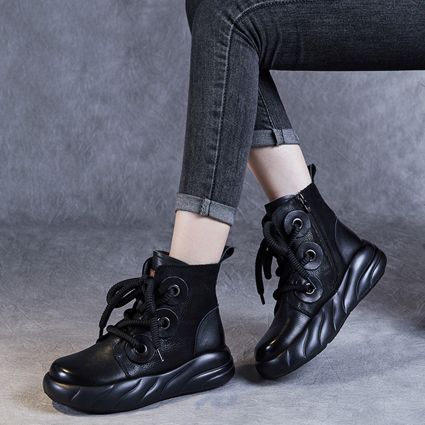 头层牛皮松糕厚底短靴女复古平底真皮女靴秋冬圆头加绒短靴马丁靴