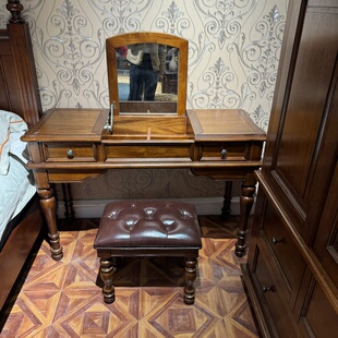 美式实木梳妆台翻盖化妆桌欧式复古实木多功能书桌写字台一体