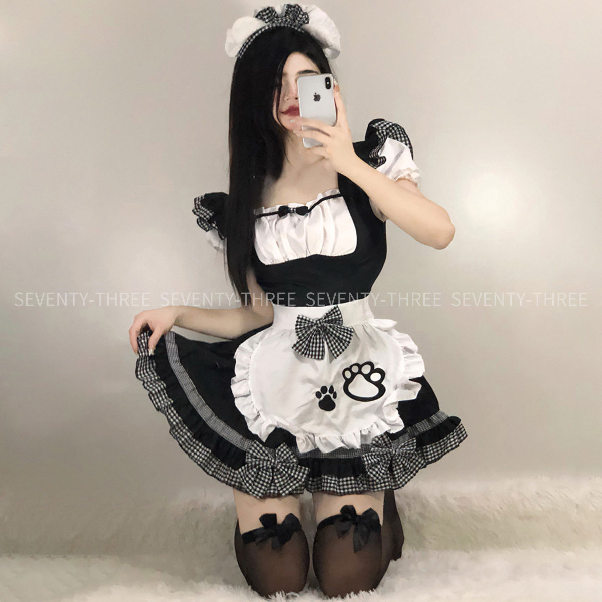 甜美小猫咪女仆套装可爱短裙连衣裙纯欲蝴蝶结围裙女佣制服cos