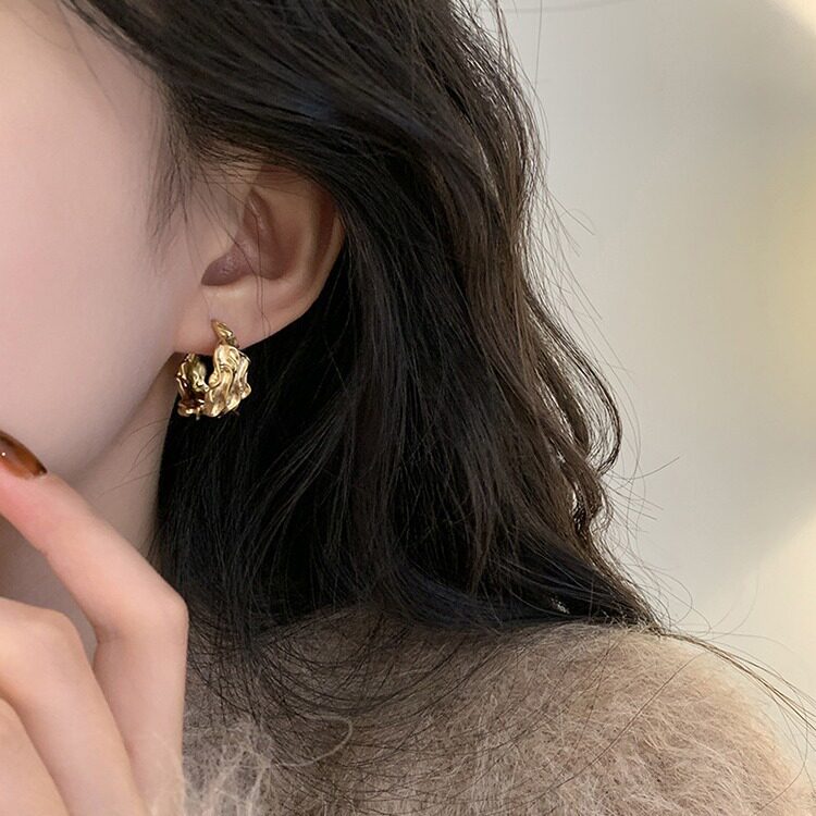 雾面褶皱不规则耳钉女半圆弯弧C型S925银针耳环ins小众个性耳饰潮