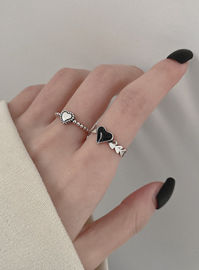 韩版S925银甜美爱心戒指女复古时尚嘻哈桃心鳞片开口指环食指戒潮