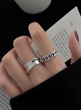 韩版S925银几何不规则凹凸戒指女复古时尚简约链条开口指环食指戒