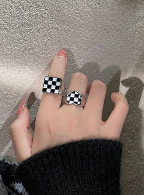 韩版S925银黑白棋盘爱心戒指女复古夸张气质开口指环几何食指戒潮
