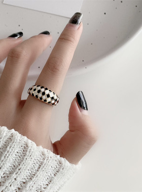 韩版S925银个性网格戒指女复古时尚拼色棋盘开口指环嘻哈食指戒潮