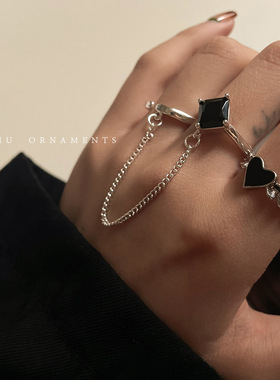 韩版S925银链条流苏双指戒指女复古时尚气质爱心鳞片开口食指环潮