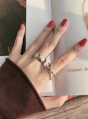 韩版圆珠链条戒指女925银时尚学生ins潮冷淡风食指网红蹦迪尾戒