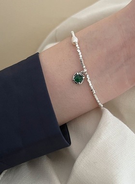 珍珠手链女ins风小众设计感轻奢S925银绿色锆石手环手饰