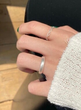 素圈拉丝磨砂戒指女百搭时尚叠戴个性S925银开口指环网红食指戒潮