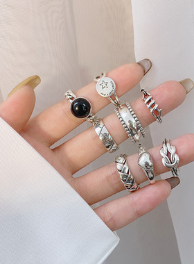 韩版S925银叠戴戒指女复古时尚重工星星麻花爱心开口指环食指戒潮