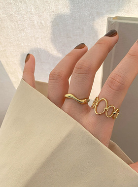 韩版S925银镂空几何不规则戒指女复古方形拼接开口指环创意食指戒