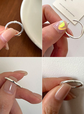 简约素圈戒指女几何不规则微笑脸爱心S925银开口指环叠戴食指戒潮