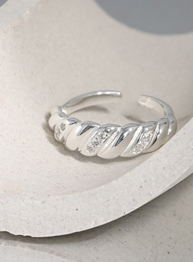 韩版S925银几何麻花戒指女复古时尚牛角包可颂开口指环微镶食指戒