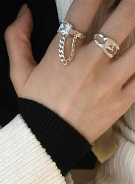 锆石戒指女时尚优雅气质方块S925银开口指环ins小众食指戒潮