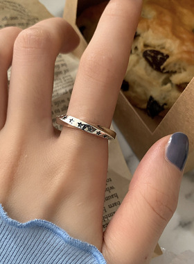 日韩S925银莫比乌斯戒指女复古时尚满天星星开口指环嘻哈食指戒潮