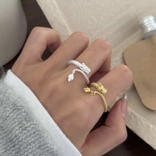 龙形戒指女时尚个性创意生肖本命年神龙S925银开口指环叠戴食指戒