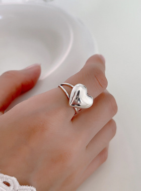韩版S925银个性立体爱心戒指女复古时尚双层桃心开口指环食指戒潮