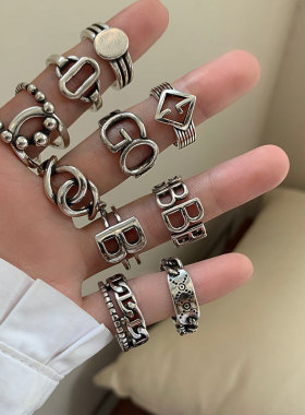 韩版S925银字母B戒指女复古时尚个性几何开口指环GO嘻哈食指戒潮