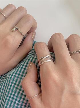 韩版S925银线条交叉戒指女复古时尚个性爱心开口指环嘻哈食指戒潮