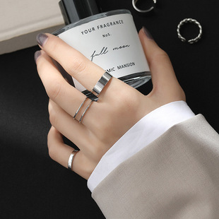 韩国简约叠戴组合戒指女925纯银ins个性学生简约线条开口食指环潮