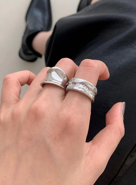 韩版S925银几何不规则戒指女复古时尚重工河流开口指环气质食指戒