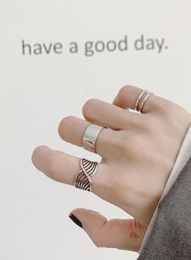 复古时尚几何戒指女条纹百搭个性嘻哈S925镀银开口指环食指戒