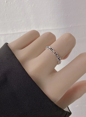 韩版S925银几何镂空猪鼻子戒指女复古时尚小巧开口指环创意食指戒