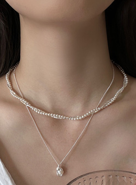 甜美双层碎银珍珠项链女叠戴百搭花生吊坠锁骨链ins风小众颈链潮