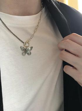 甜美蝴蝶项链女复古时尚S925银化茧成蝶OT扣锁骨链气质文艺毛衣链