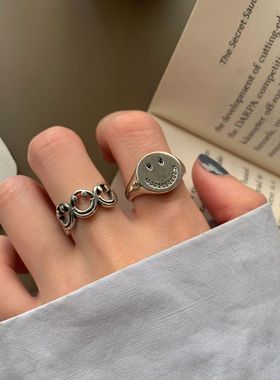 韩版S925银个性微笑戒指女复古时尚嘻哈朋克笑脸开口指环食指戒潮