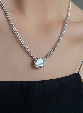 韩版S925银小白茶项链女复古时尚气质宝石锁骨链优雅嘻哈毛衣链潮