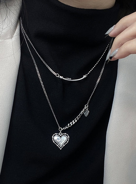 韩版S925银气质爱心字母项链女复古重工盾牌嘻哈锁骨链创意饰品潮
