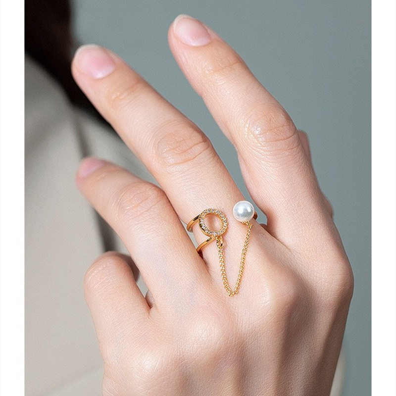 韩版S925银链条流苏戒指女时尚珍珠镂空开口指环甜美气质食指戒潮