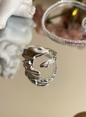 韩版S925银海豚戒指女复古简约海浪花炫酷开口指环欧美创意食指戒