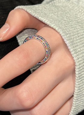 多巴胺配饰彩虹碎钻锆石戒指女网红新款轻奢气质开口食指戒指环潮