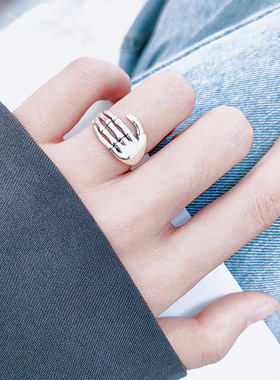 韩版S925银个性嘻哈骷髅手戒指女复古时尚朋克暗黑爱护开口食指环