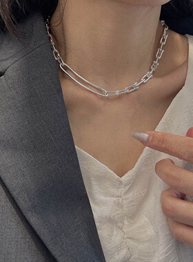 几何镂空马蹄扣项链女复古时尚U型个性锁骨链手链S925银嘻哈饰品