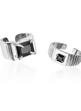 黑色锆石几何戒指女复古时尚重工S925银开口指环ins创意食指戒潮