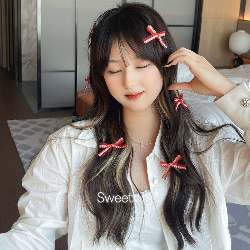 圣诞格子网纱蝴蝶结小发夹边夹