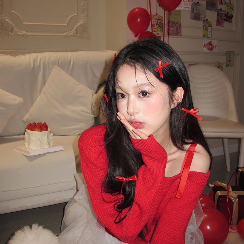 节日新年红色丝带蝴蝶结小发夹可爱双马尾发卡侧边夹头饰发饰女