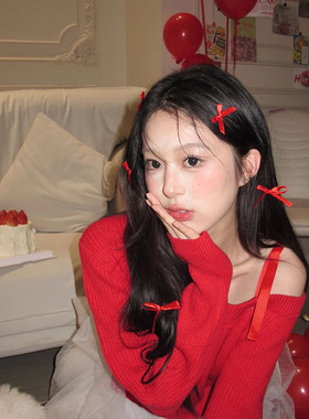 节日新年红色丝带蝴蝶结小发夹可爱双马尾发卡侧边夹头饰发饰女