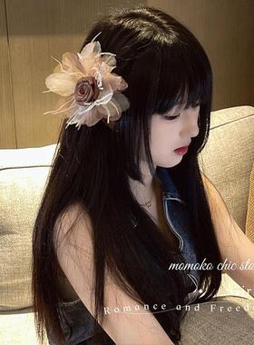 清楚系优雅玫瑰花羽毛花朵侧边夹装饰发夹高颜值小众礼服胸花配饰