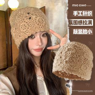 蕾丝镂空帽子女2025新款大头围堆堆帽针织钩花包头帽显脸小套头帽