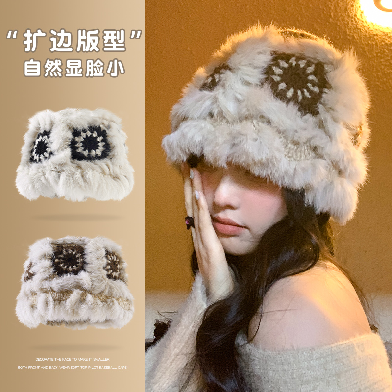 兔毛毛绒渔夫帽保暖显脸小女