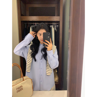 女设计感内搭叠穿休闲长袖 蓝色宽松衬衫 上衣 现货6.5折 MULVAN