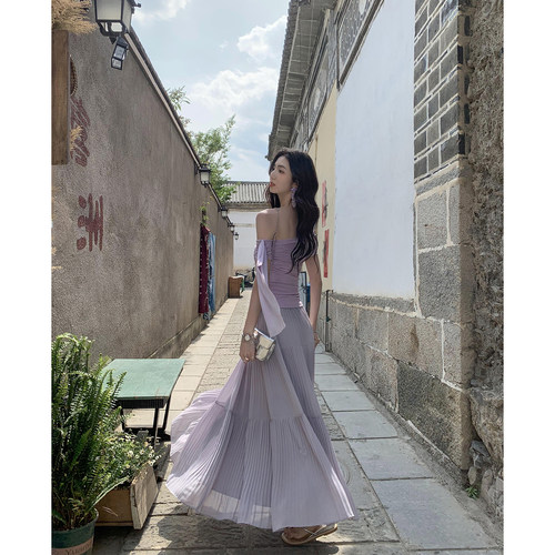 MULVAN 韩系姐姐 紫色中长款半身裙女温柔风垂感雪纺大摆a字伞裙