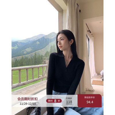 MULVAN 黑色短款POLO羊毛针织衫女春秋V领高腰修身打底衫长袖上衣