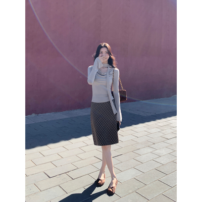 简约直筒裙子格纹半身裙